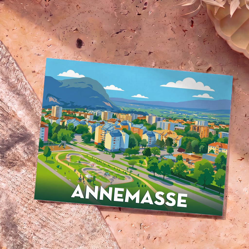 Carte postale souvenir de la ville d'Annemasse avec une illustration stylisée représentant un parc urbain au pied des montagnes.