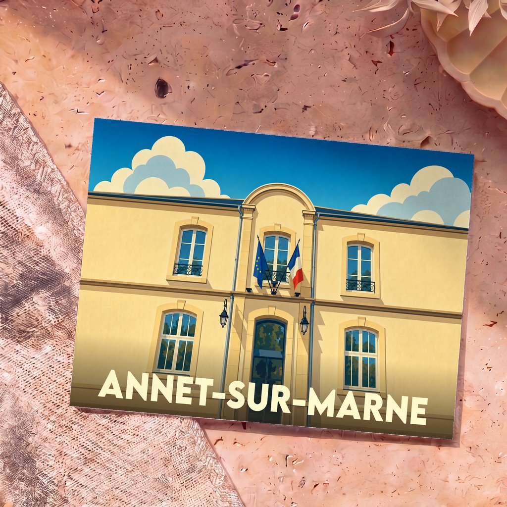 Carte postale souvenir d'Annet-sur-Marne illustrant la mairie avec un style graphique épuré.