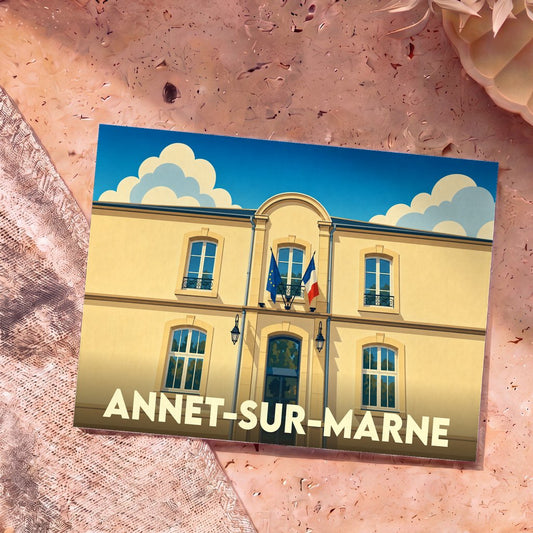 Carte postale souvenir de la ville d'Annet-sur-Marne illustrant la mairie avec un style graphique épuré.
