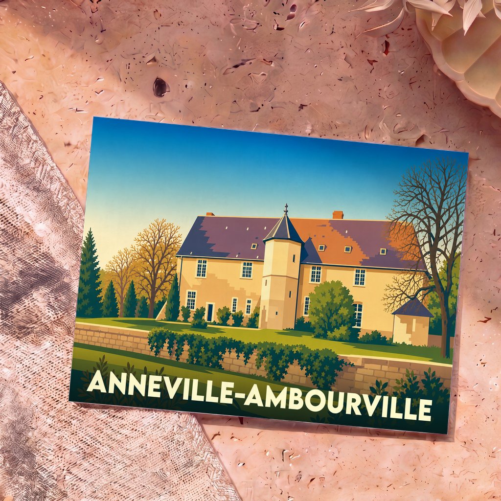 Carte postale souvenir de la ville d'Anneville-Ambourville avec une illustration stylisée de son manoir.