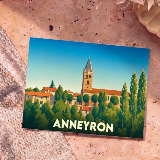 Carte postale souvenir de la ville d'Anneyron avec une illustration stylisée d'une église entourée de verdure.