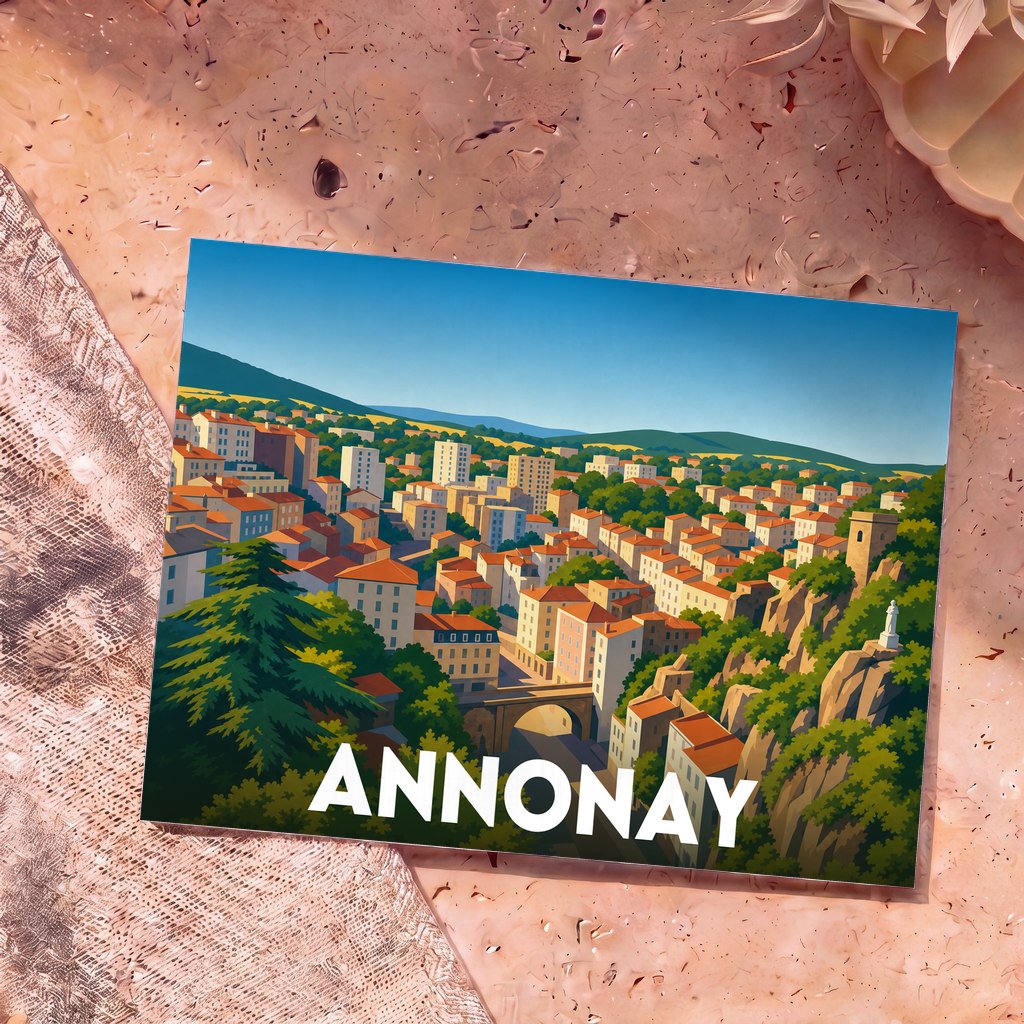 Carte postale souvenir de la ville d'Annonay présentant une illustration colorée et stylisée de ses paysages urbains et vallonnés.