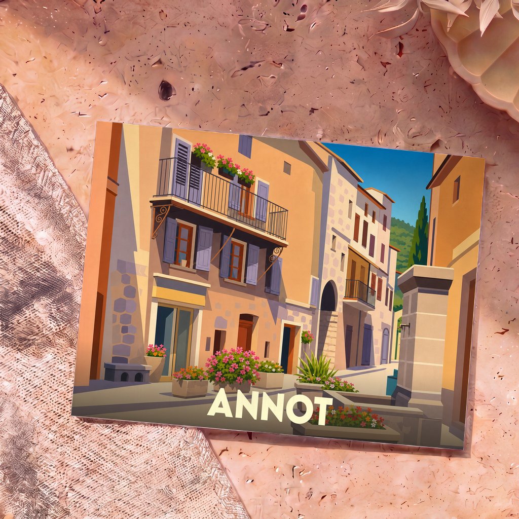 Carte postale souvenir de la ville d'Annot illustrant une ruelle provençale ensoleillée et fleurie.