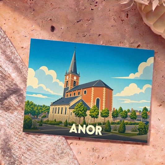 Carte postale souvenir de la ville d'Anor illustrant son église dans un style graphique épuré.