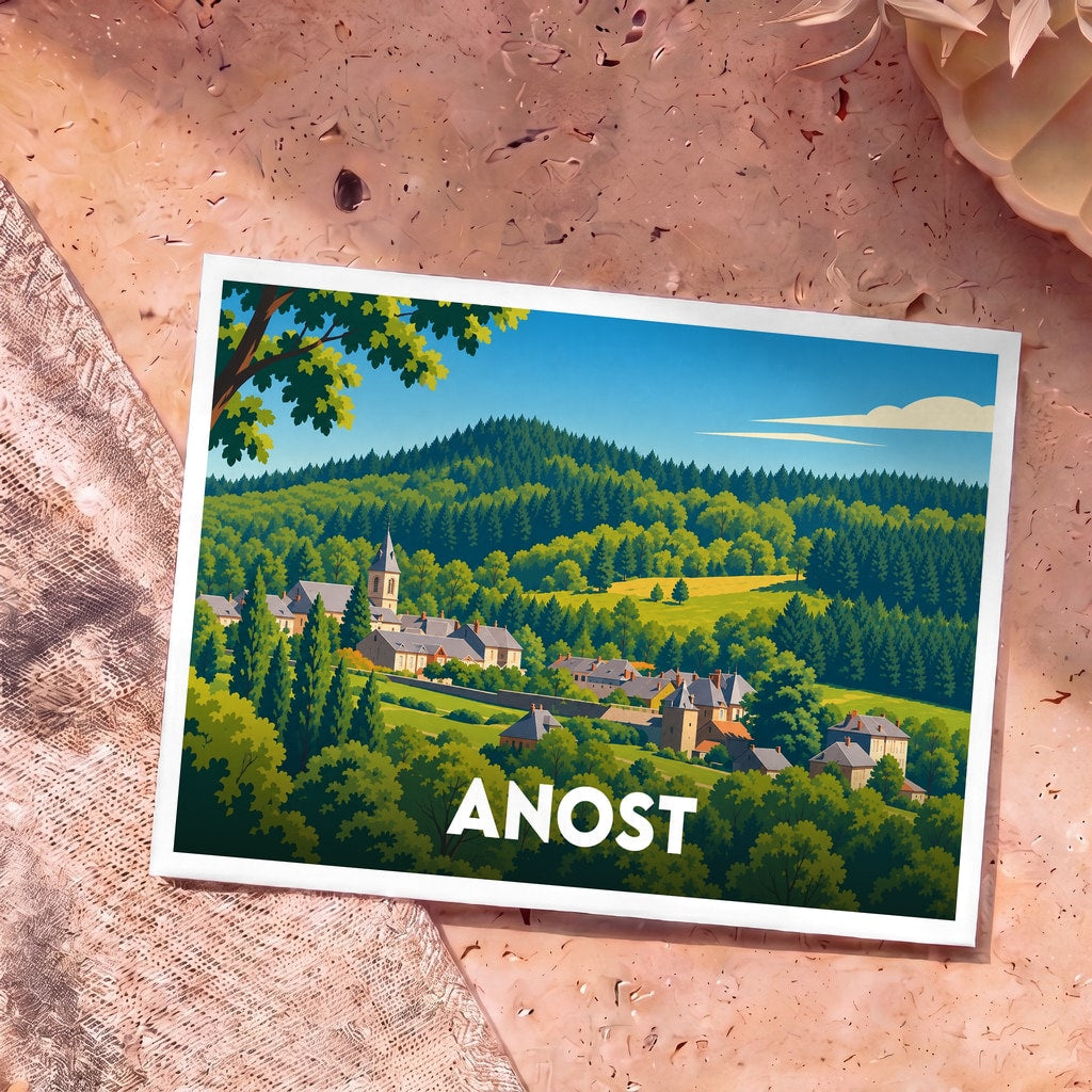 Carte postale souvenir de la ville d'Anost présentant une illustration stylisée d'un village niché dans une vallée verdoyante.