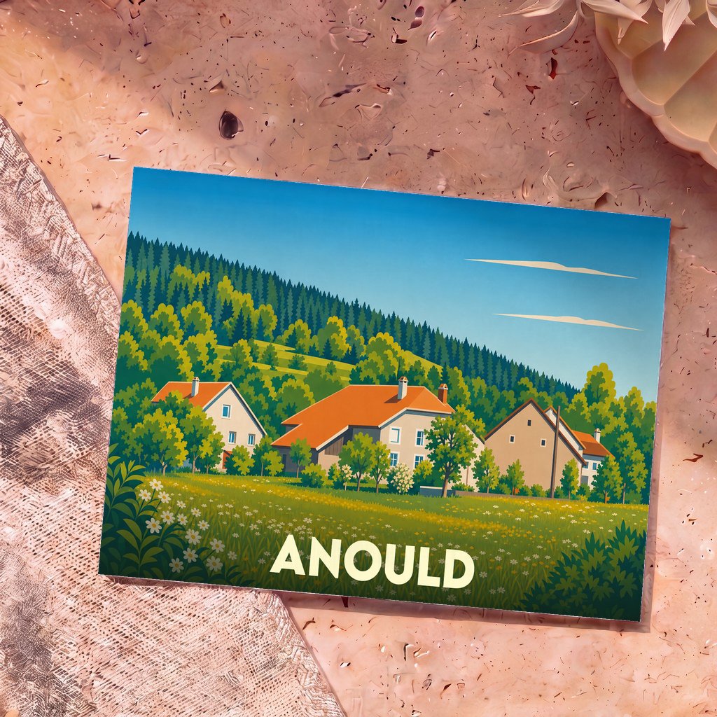 Carte postale souvenir de la ville d'Anould avec une illustration stylisée de maisons et de paysages montagneux.