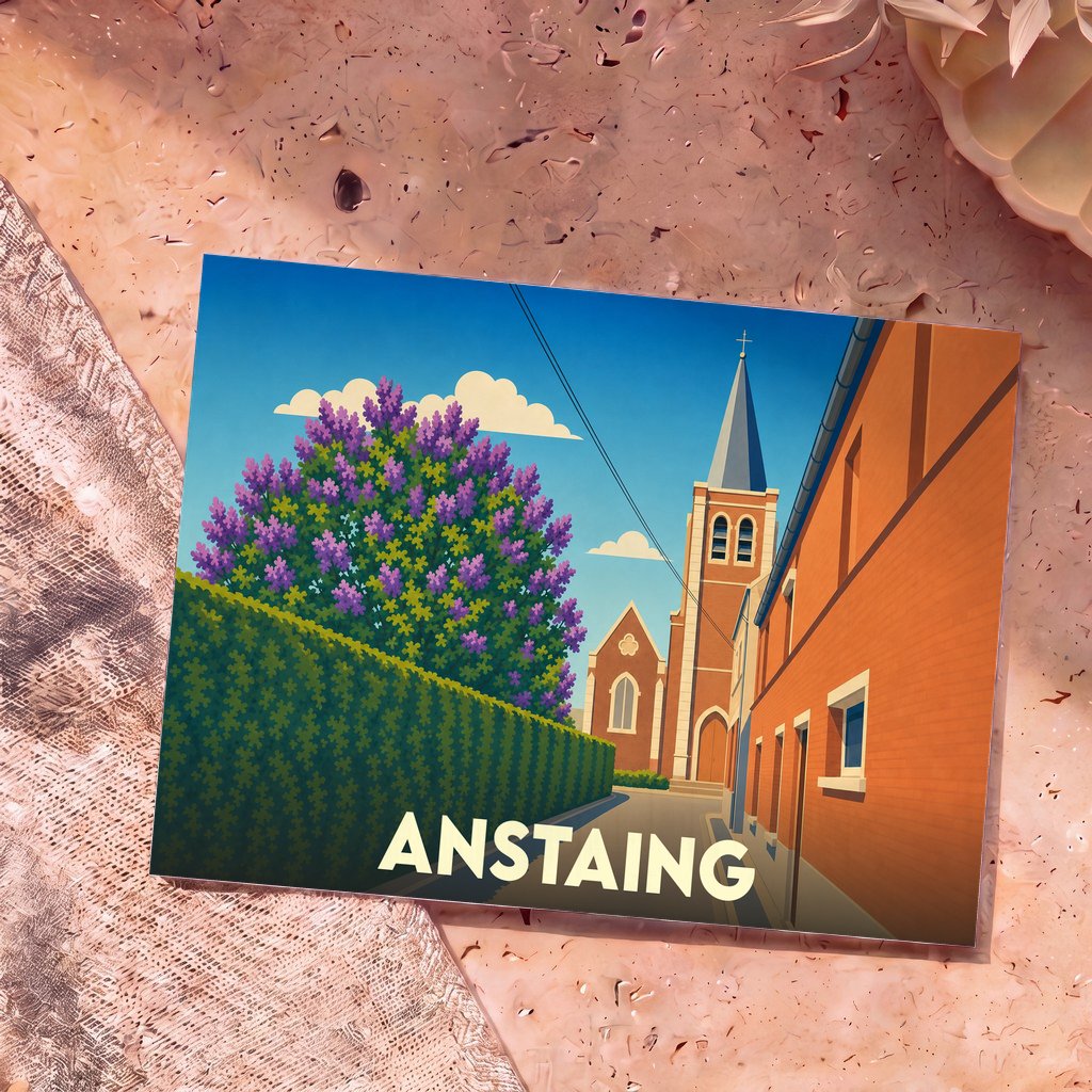 Carte postale souvenir de la ville d'Anstaing avec une illustration stylisée d'une église et d'un lilas en fleurs.