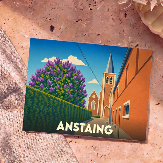 Carte postale souvenir de la ville de Anstaing avec une illustration stylisée d'une église et d'un lilas en fleurs.