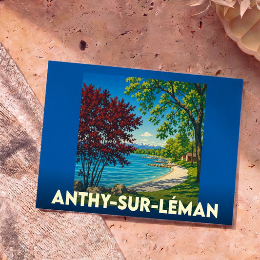 Carte postale souvenir de la ville d'Anthy-sur-Léman avec une illustration stylisée des bords du lac.