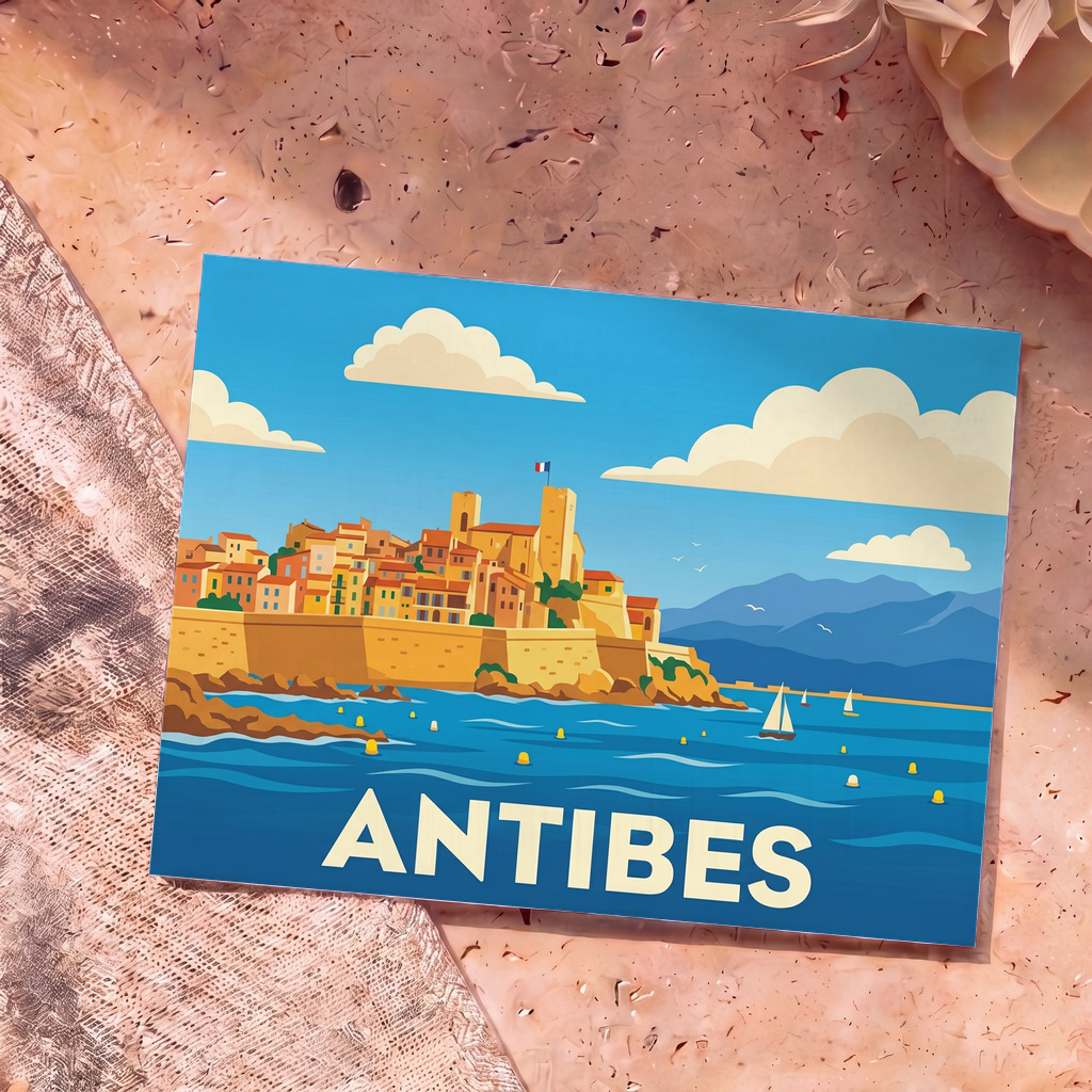 Carte postale souvenir de la ville d'Antibes avec une illustration stylisée de ses remparts au bord de la mer Méditerranée.