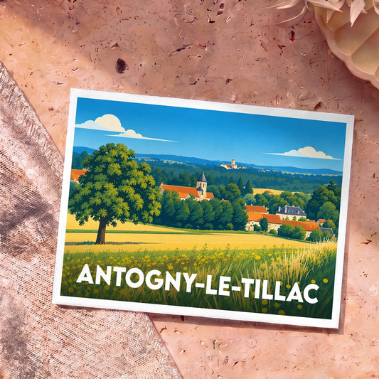 Carte postale souvenir de la ville d'Antogny-le-Tillac avec une illustration champêtre stylisée.