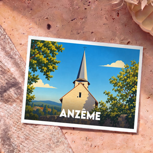 Carte postale souvenir de la ville d'Anzême avec une illustration stylisée de son église.