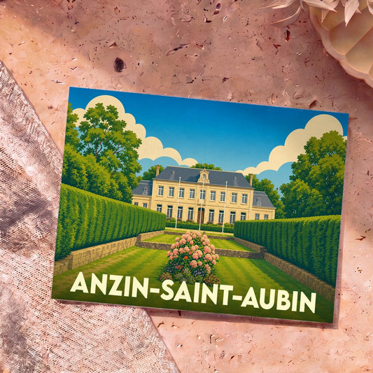 Carte postale souvenir de la ville d'Anzin-Saint-Aubin avec une illustration stylisée de son château et de ses jardins.