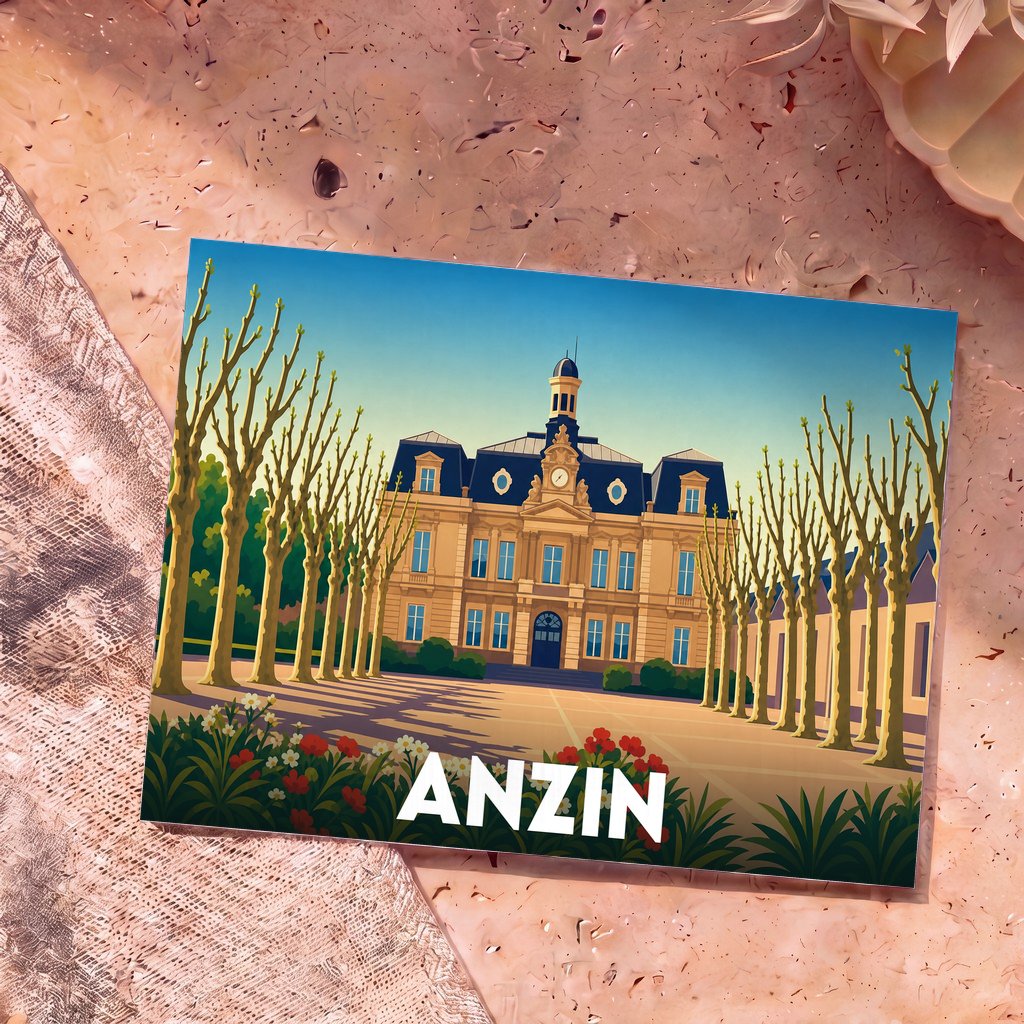Carte postale souvenir de la ville d'Anzin avec une illustration stylisée de son hôtel de ville bordé d'arbres.