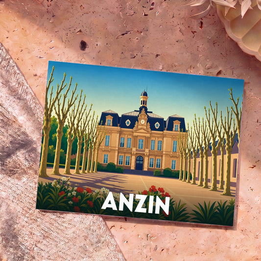 Carte postale souvenir de la ville d'Anzin avec une illustration stylisée de son hôtel de ville bordé d'arbres.