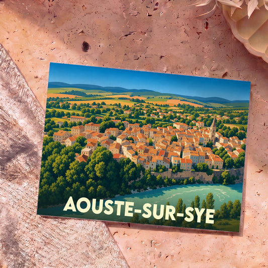 Carte postale souvenir de la ville de Aouste-sur-Sye avec une illustration colorée et stylisée de ses maisons en bord de rivière.