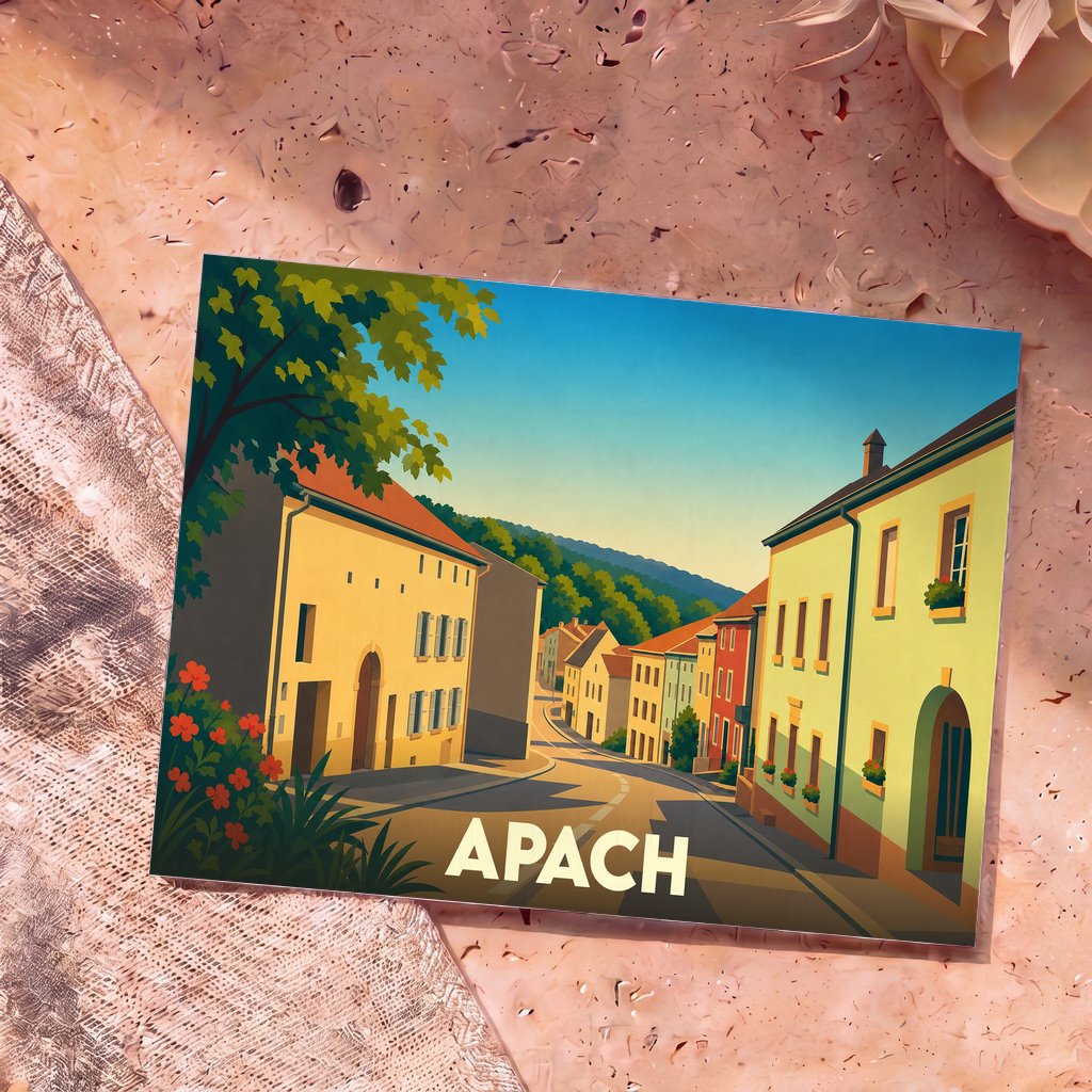 Carte postale souvenir de la ville d'Apach présentant une illustration stylisée d'une rue pittoresque.