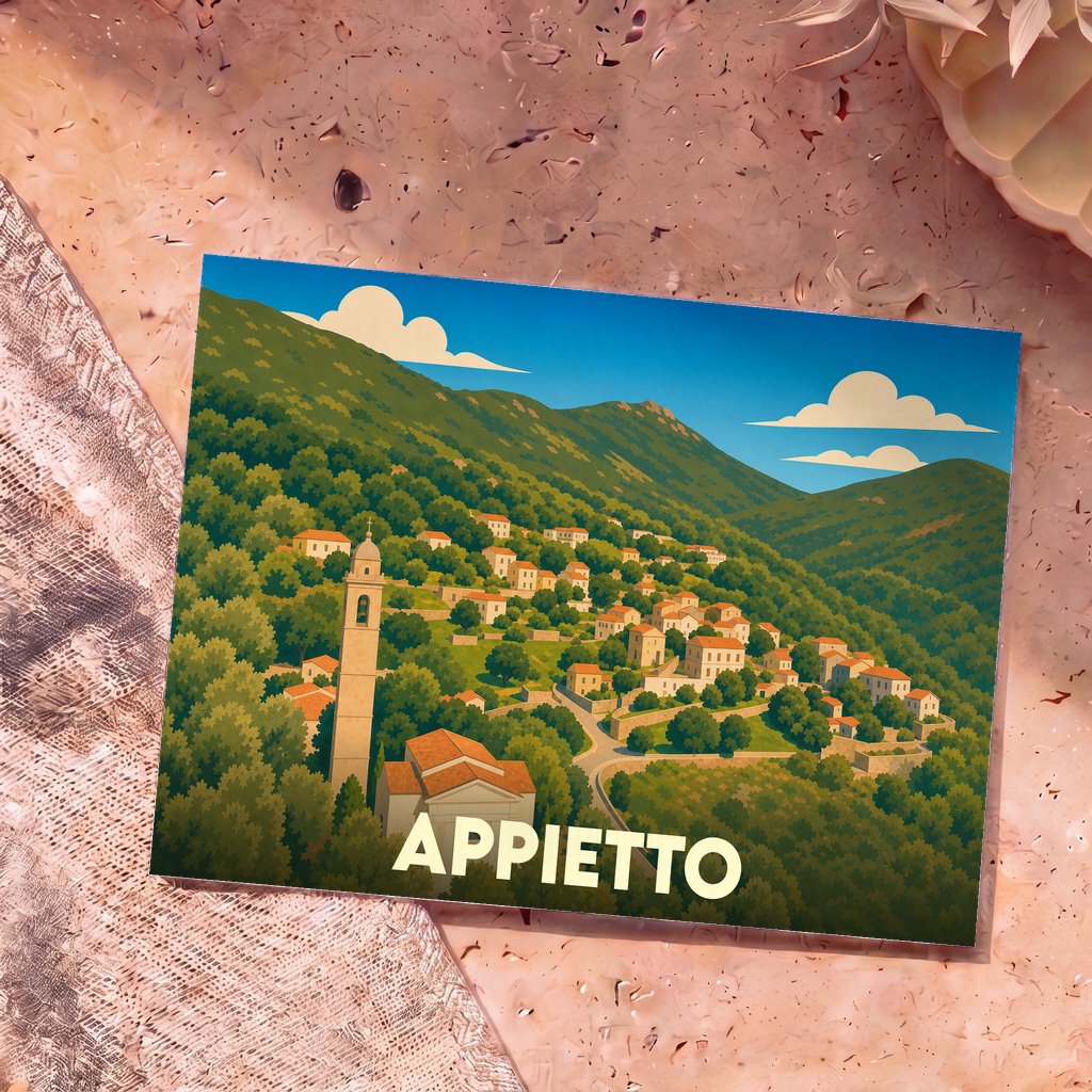Carte postale souvenir de la ville d'Appietto avec une illustration stylisée de ses collines et de son église.