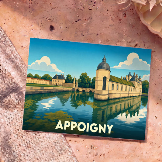 Carte postale souvenir de la ville d'Appoigny avec une illustration stylisée de son château bordant l'eau.