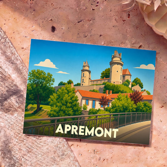 Carte postale souvenir de la ville d'Apremont illustrant son château et ses maisons de manière stylisée.