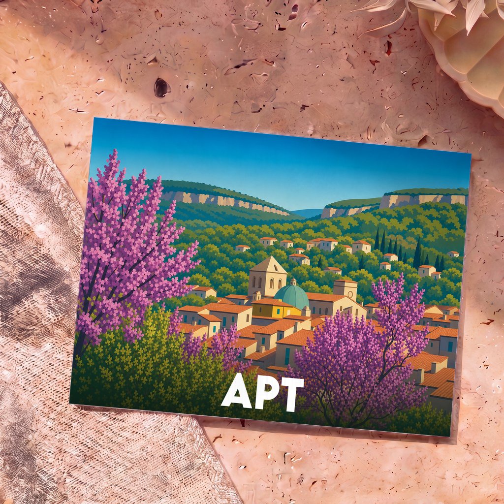 Carte postale souvenir de la ville d'Apt avec une illustration stylisée et colorée de la cité provençale.