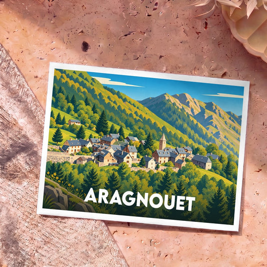 Carte postale souvenir de la ville d'Aragnouet avec une illustration stylisée de son village de montagne.