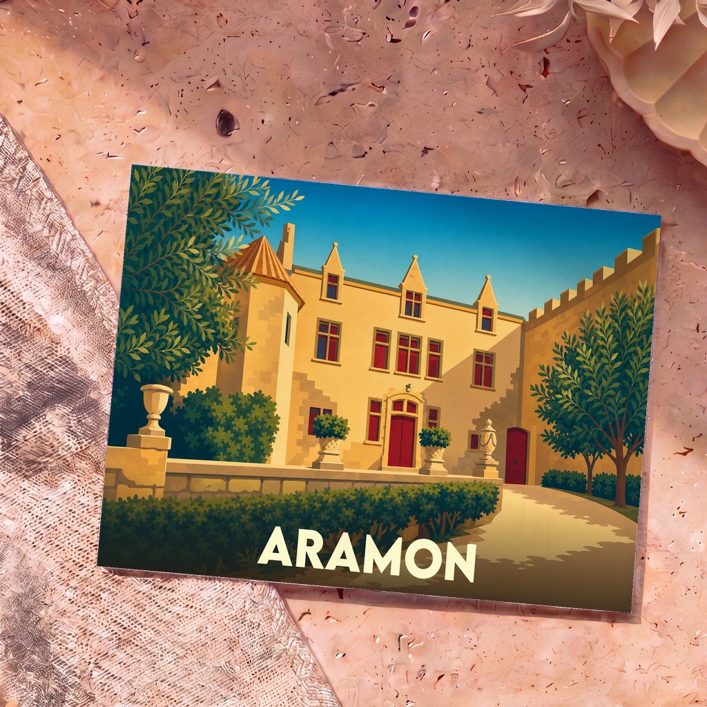 Carte postale souvenir de la ville d'Aramon avec une illustration stylisée de son château.