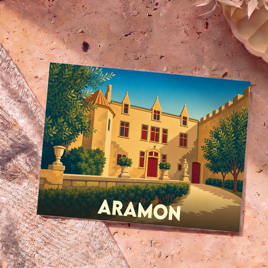 Carte postale souvenir de la ville d'Aramon avec une illustration stylisée de son château.