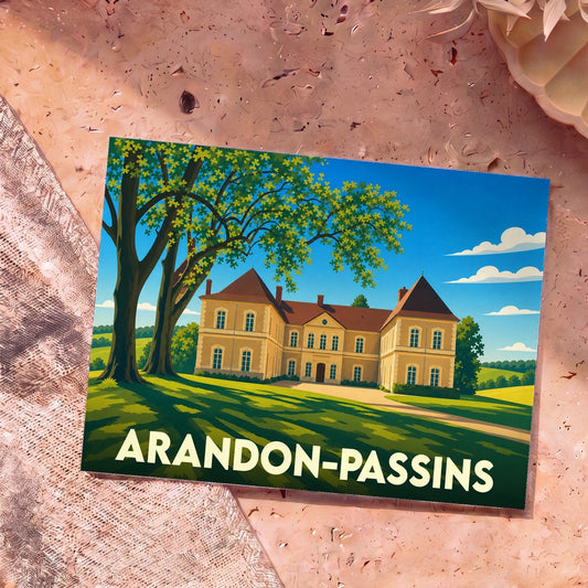 Carte postale souvenir de la ville d'Arandon-Passins avec une illustration stylisée d'un château sous de grands arbres.