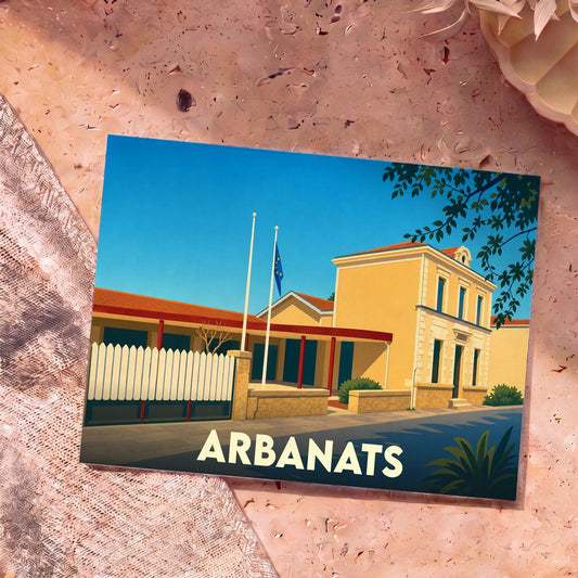Carte postale souvenir de la ville de Arbanats avec une illustration stylisée de son école communale.