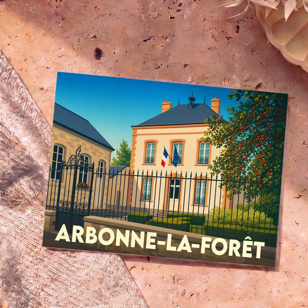 Carte postale souvenir de la ville d'Arbonne-la-Forêt illustrant sa mairie au style graphique épuré.