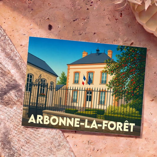 Carte postale souvenir de la ville d'Arbonne-la-Forêt illustrant sa mairie au style graphique épuré.