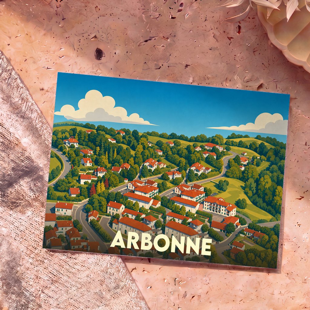 Carte postale souvenir d'Arbonne présentant une illustration stylisée et colorée de la ville nichée dans des collines verdoyantes.