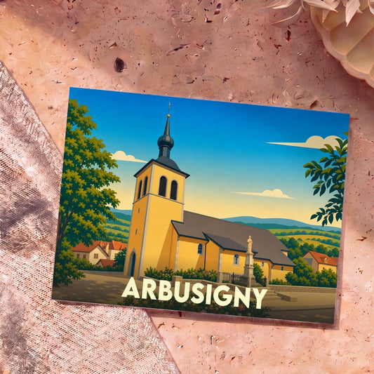 Carte postale souvenir de la ville d'Arbusigny illustrant son église dans un style graphique épuré.