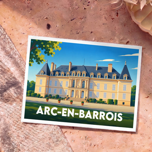 Carte postale souvenir de la ville d'Arc-en-Barrois illustrant son château dans un style vintage.