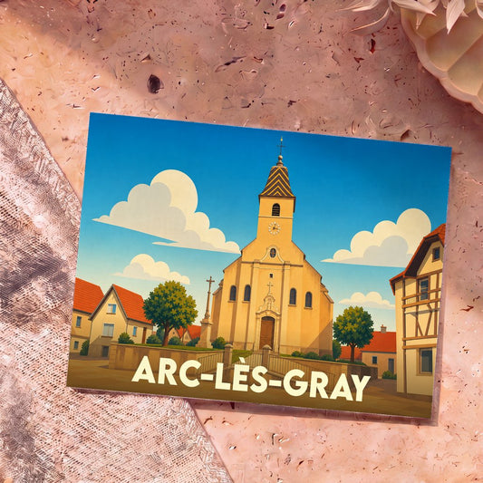 Carte postale souvenir de la ville d'Arc-lès-Gray avec une illustration stylisée de son église et de ses maisons.