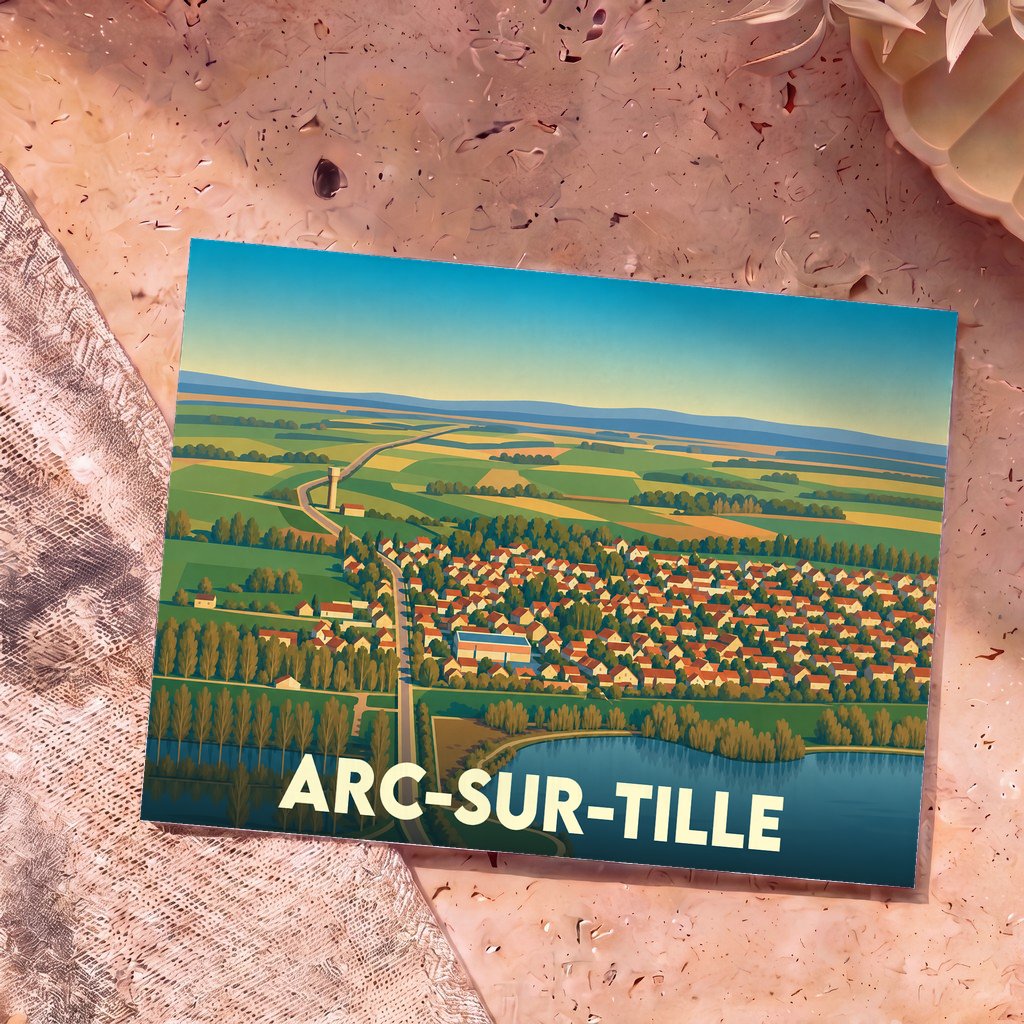 Carte postale souvenir de la ville d'Arc-sur-Tille avec une illustration stylisée vue du ciel.