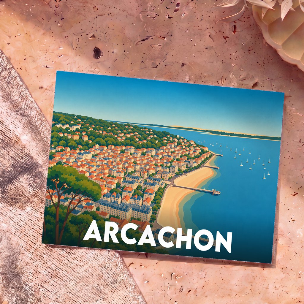Carte postale souvenir de la ville d'Arcachon présentant une illustration stylisée du front de mer et de ses maisons colorées.