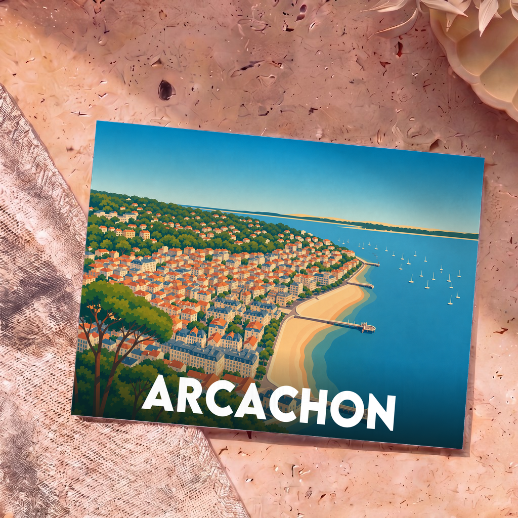 Carte postale souvenir de la ville d'Arcachon avec une illustration stylisée du front de mer et de la ville haute.