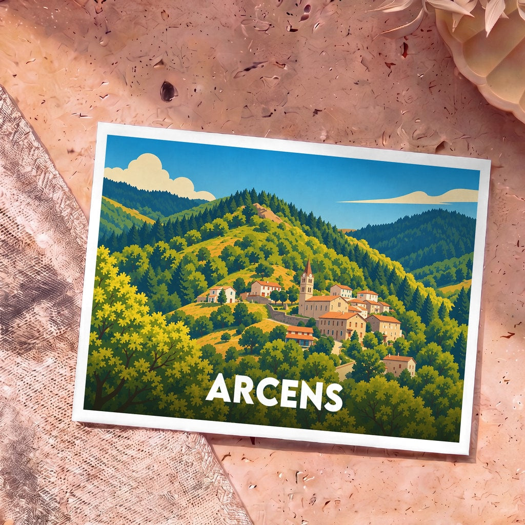 Carte postale souvenir de la ville d'Arcens présentant une illustration stylisée d'un village niché dans des collines verdoyantes.