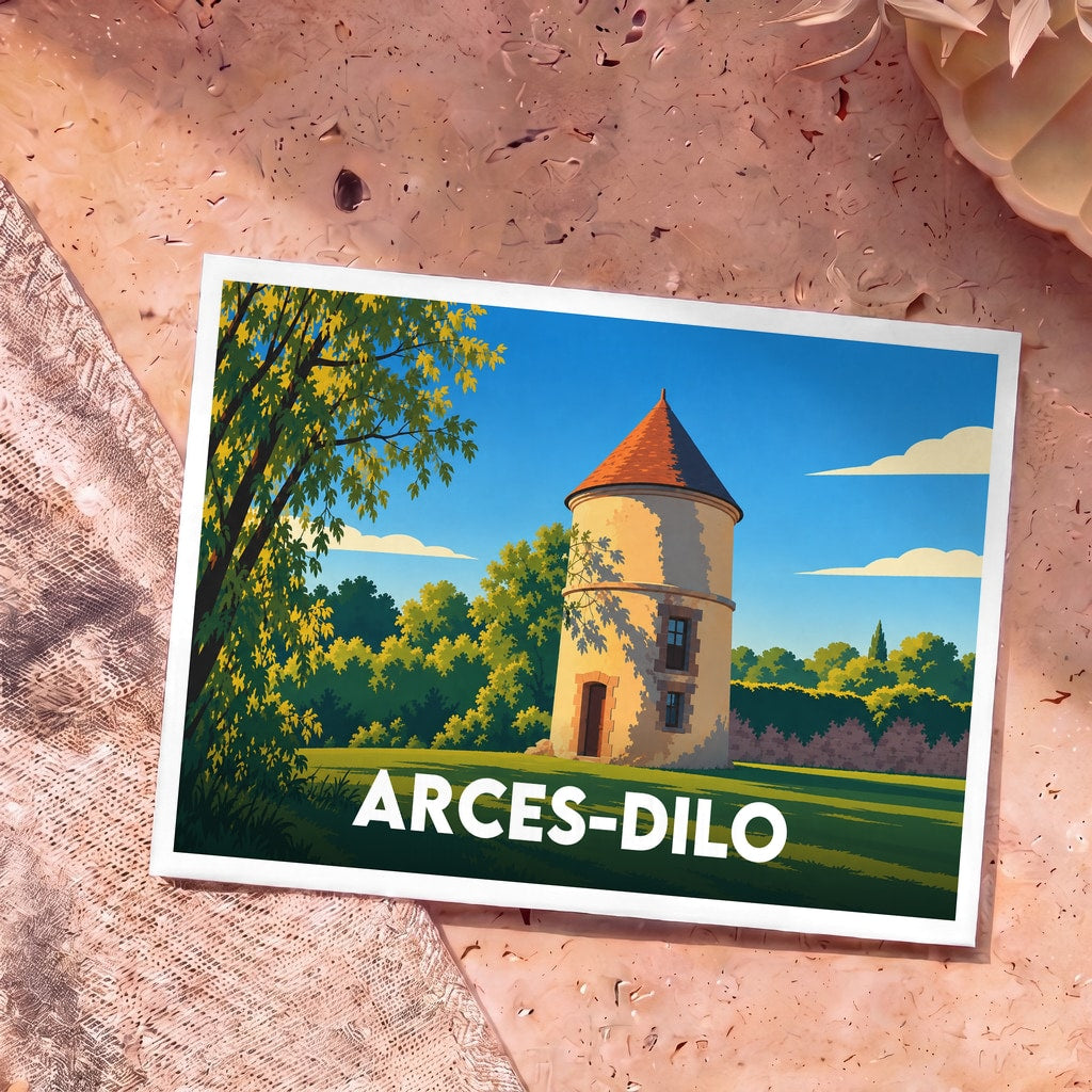 Carte postale souvenir de la ville de Arces-Dilo illustrant une tour ancienne dans un paysage verdoyant.