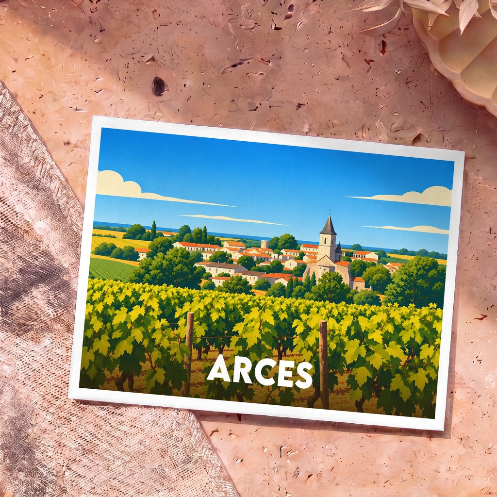 Carte postale souvenir de la ville d'Arces avec une illustration stylisée de son église et de ses vignobles.