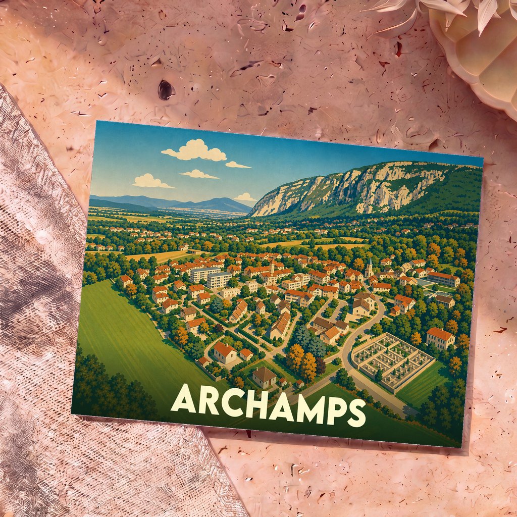 Carte postale souvenir de la ville d'Archamps avec une illustration panoramique stylisée.
