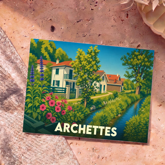 Carte postale souvenir de la ville d'Archettes avec une illustration stylisée d'un village fleuri au bord de l'eau.