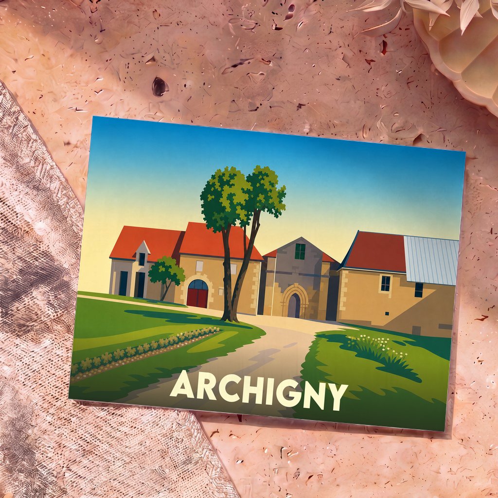 Carte postale souvenir de la ville d'Archigny avec une illustration stylisée montrant des bâtiments traditionnels et un paysage verdoyant.