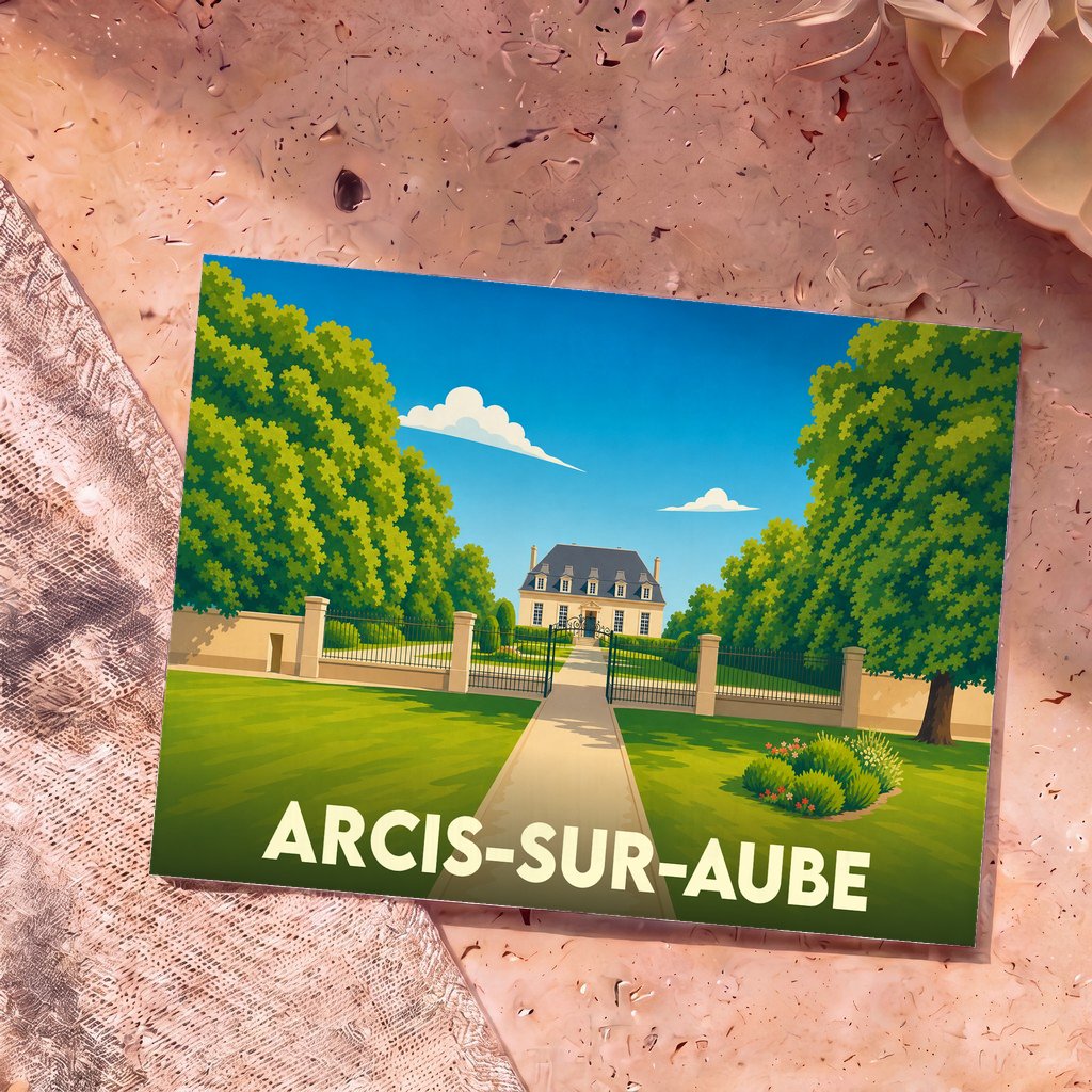 Carte postale souvenir de la ville de Arcis-sur-Aube avec une illustration stylisée d'un château.