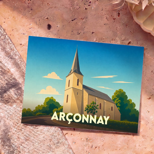 Carte postale souvenir de la ville d'Arçonnay avec une illustration stylisée de son église sous un ciel bleu.