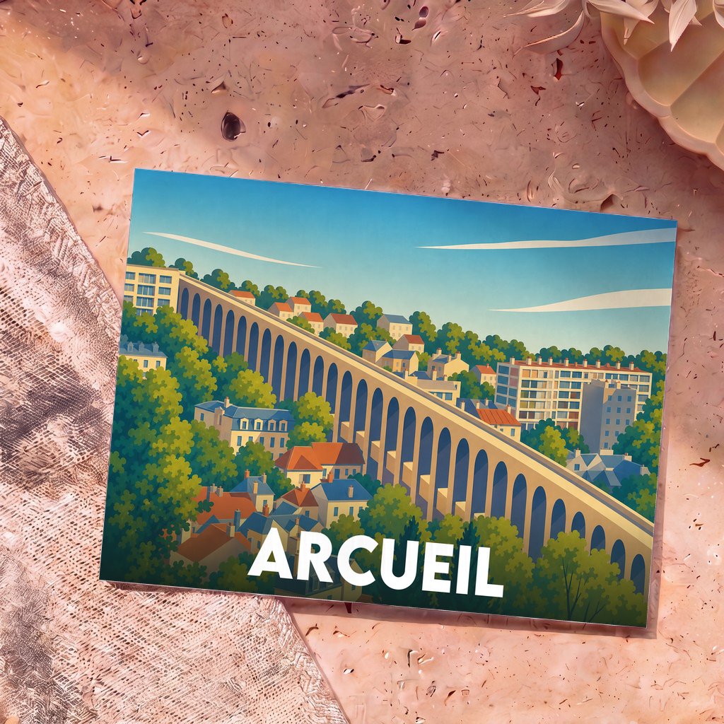 Carte postale souvenir de la ville d'Arcueil représentant son célèbre aqueduc dans un style illustré coloré.