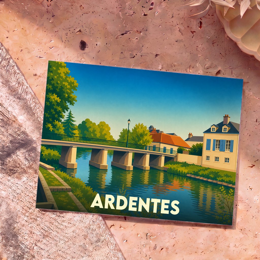 Carte postale souvenir de la ville d'Ardentes avec une illustration stylisée d'un pont enjambant une rivière.