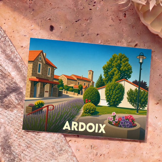 Carte postale souvenir de la ville d'Ardoix illustrant une scène de village stylisée et fleurie.